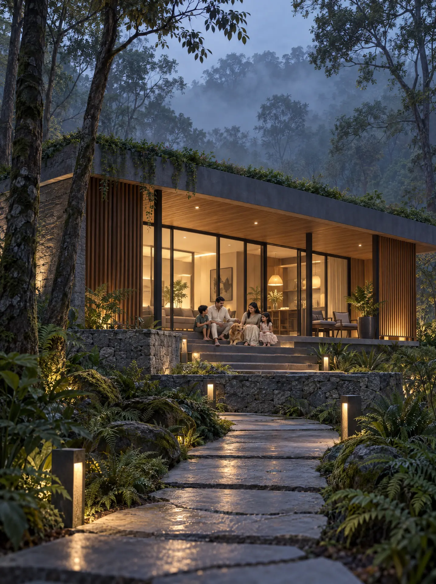 Artist's impression: a villa of granite, teak and glass lit from within at blue hour, set among forest trees.