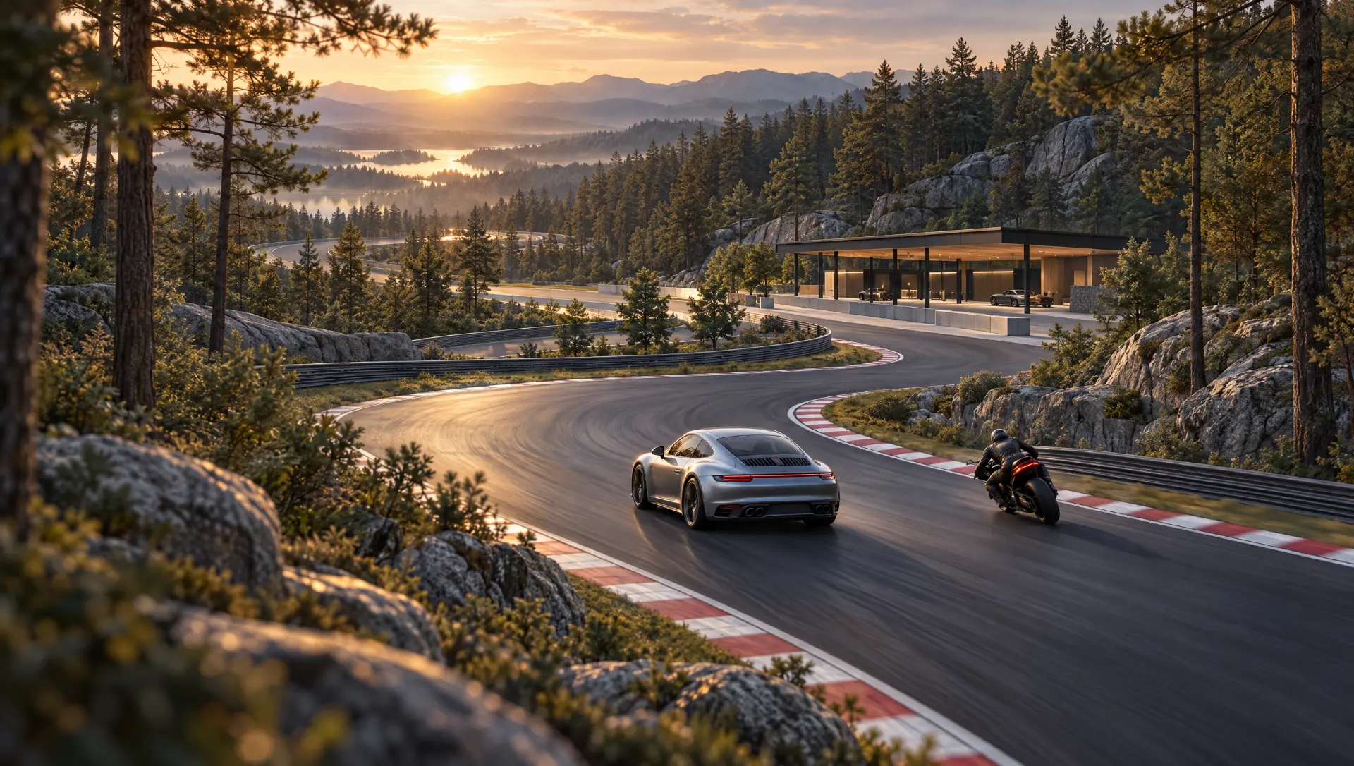 Artist's impression: a private race track curving through pine forest at sunrise with a car and a motorcycle on the tarmac.