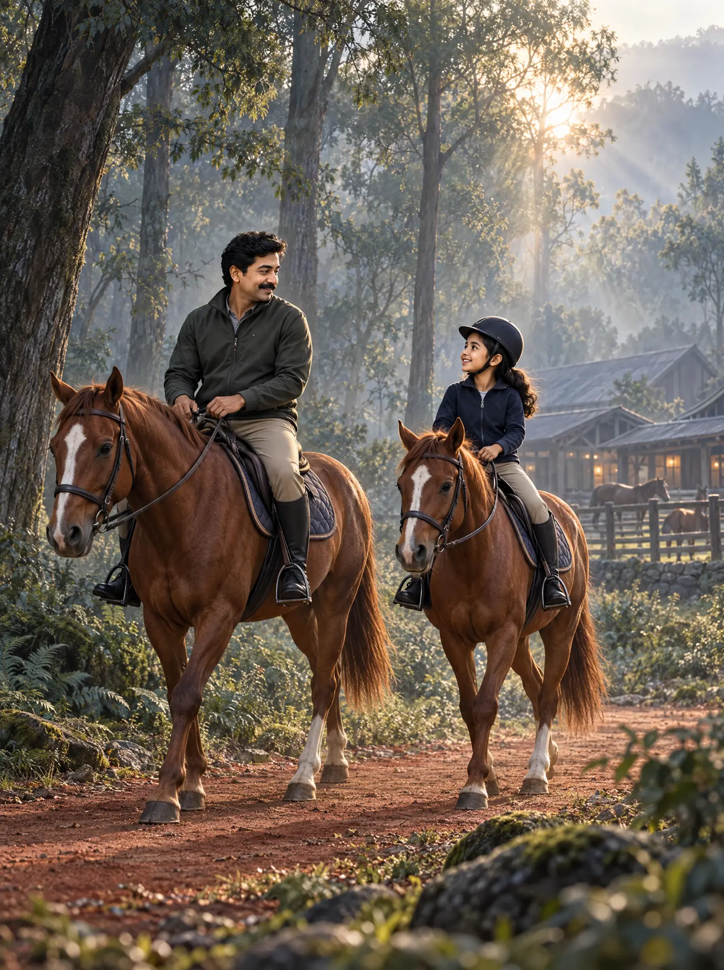 Artist's impression: a father and daughter riding horseback on a forest trail in the village.