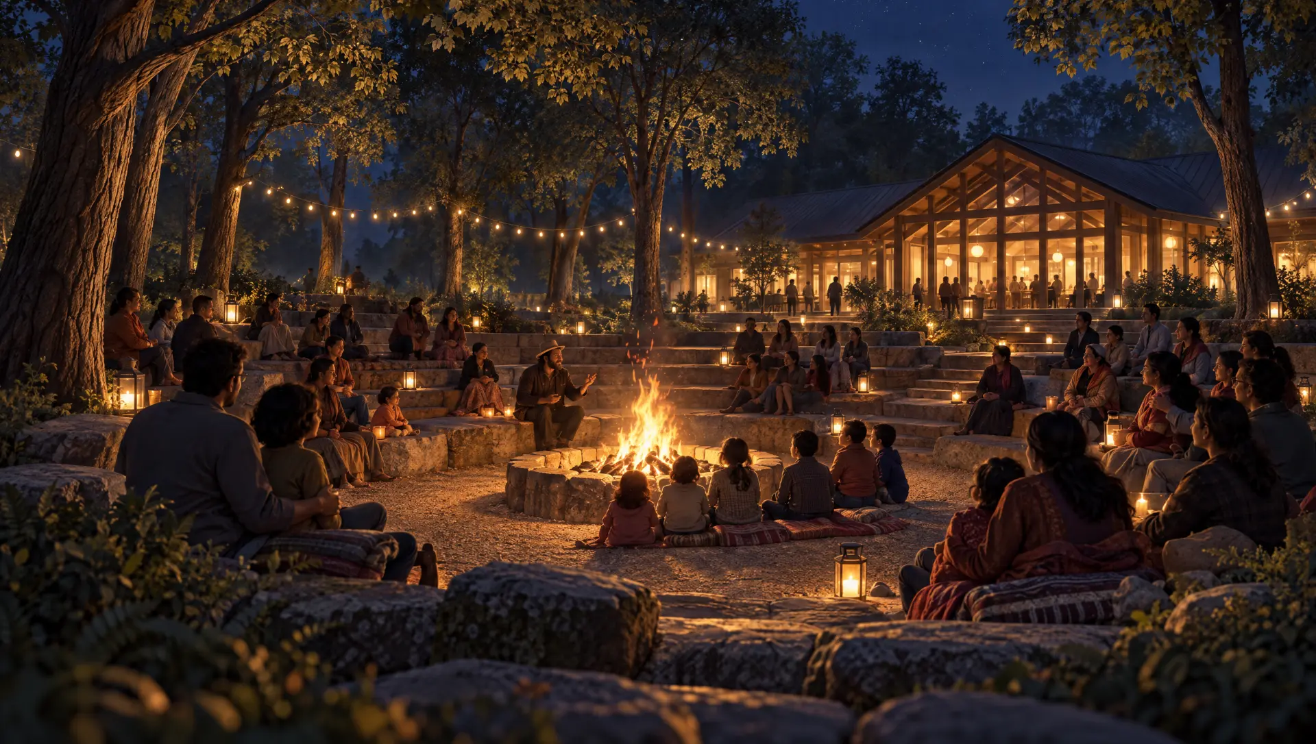 Artist's impression: the village fire circle at night with families gathered around it.